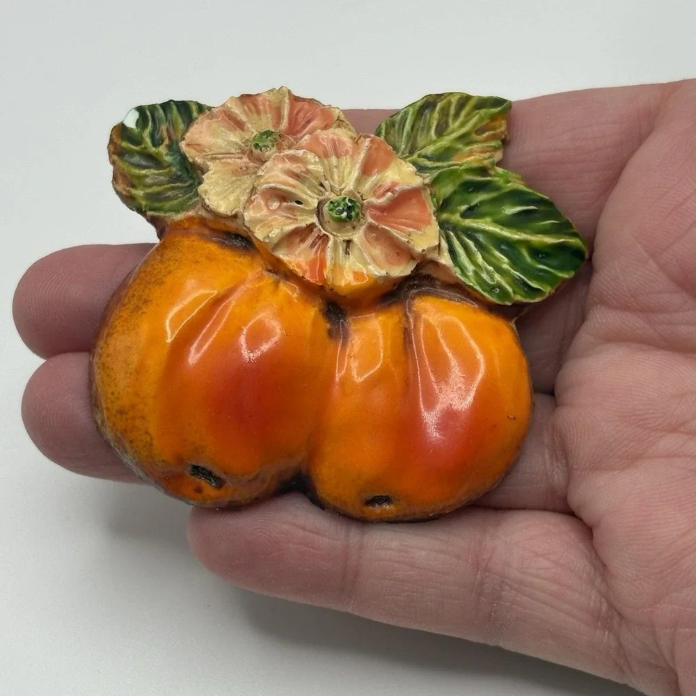 Vintage West Germany Brooch Peaches Fruit Hand Painted Orange Flowers READ